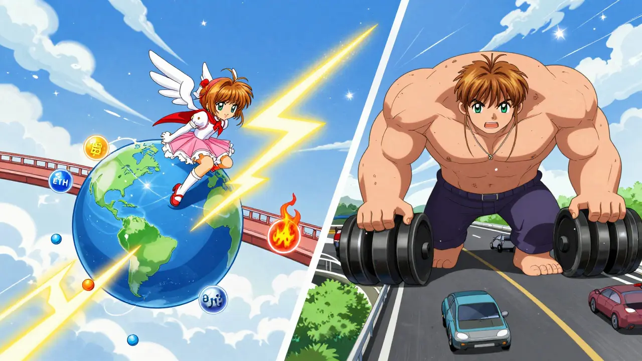 Anime comparison of fast cross-chain bridging versus slow high-fee networks