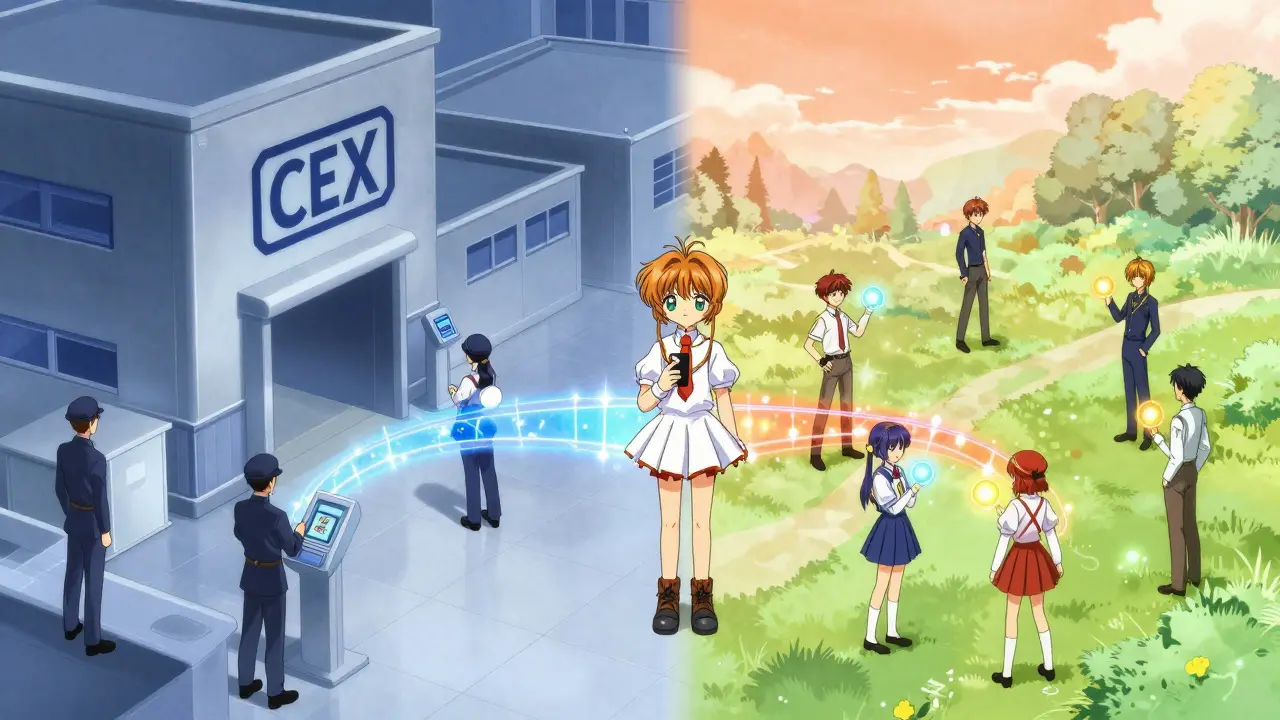 Anime contrast between centralized and decentralized crypto exchanges