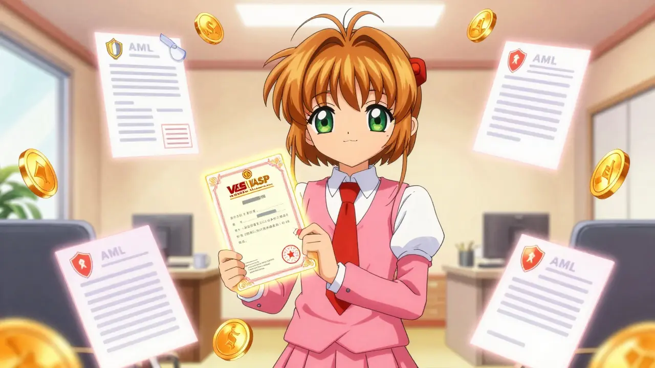 Anime girl holding a glowing license card in a bright Tbilisi office