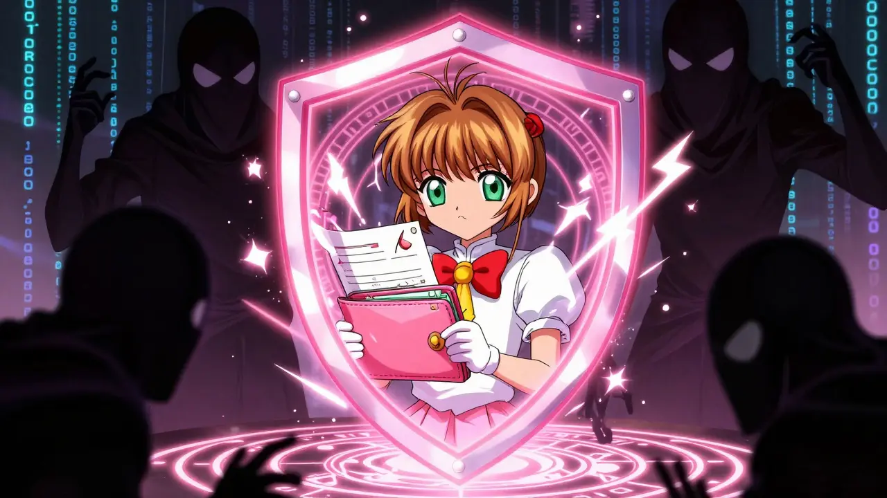 Anime girl protected by a magical shield from dark scam shadows