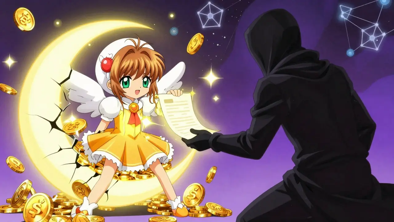 Anime mascot fighting a shadowy scammer figure over a fake contract