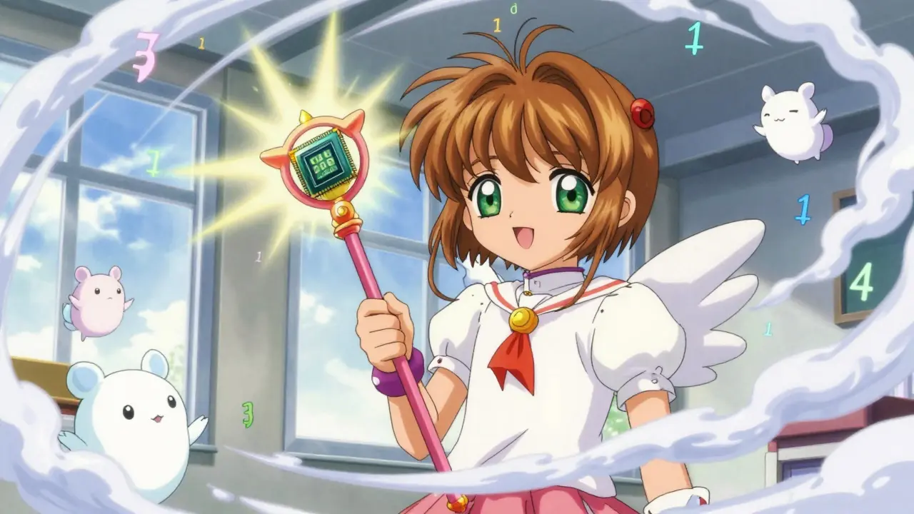 Anime miner using a wand to calculate hashes with floating spirits
