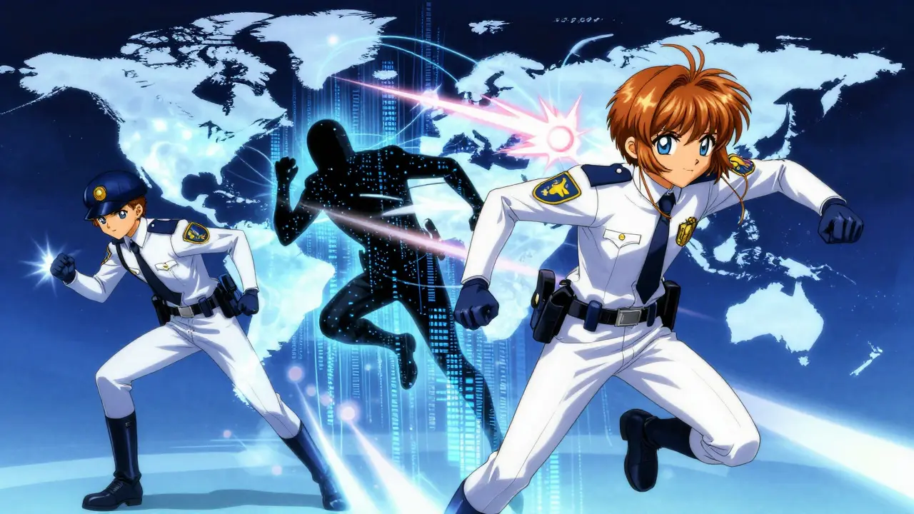 Anime police chasing a shadowy hacker through a digital blockchain portal.