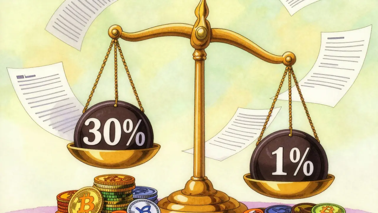 Anime style golden scales crushing crypto tokens under heavy tax weights.