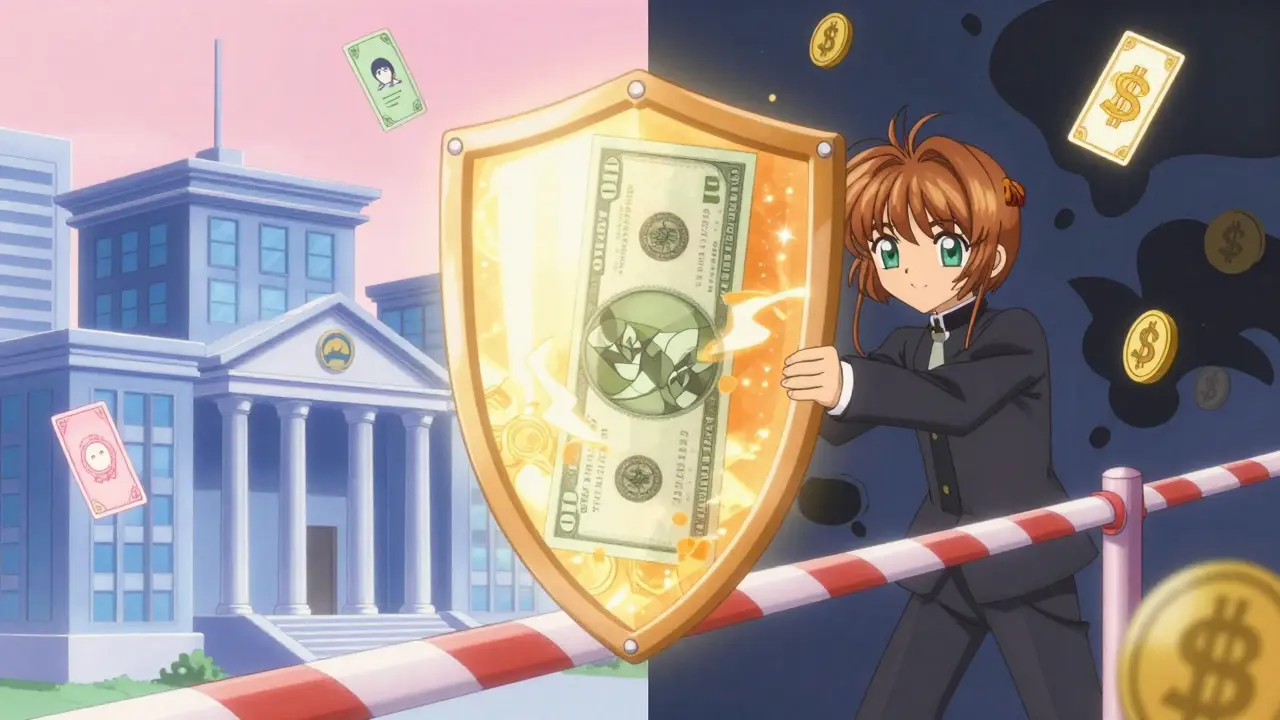 Anime style protective barrier separating safe banks from chaotic crypto tokens