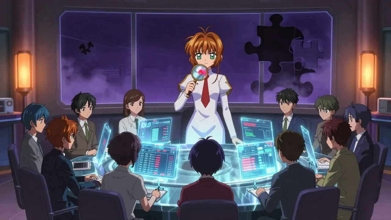 Anime team reviewing compliance holograms under AMLA supervision