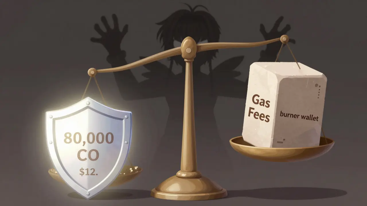 Balance scale showing low value vs high costs and scam risks