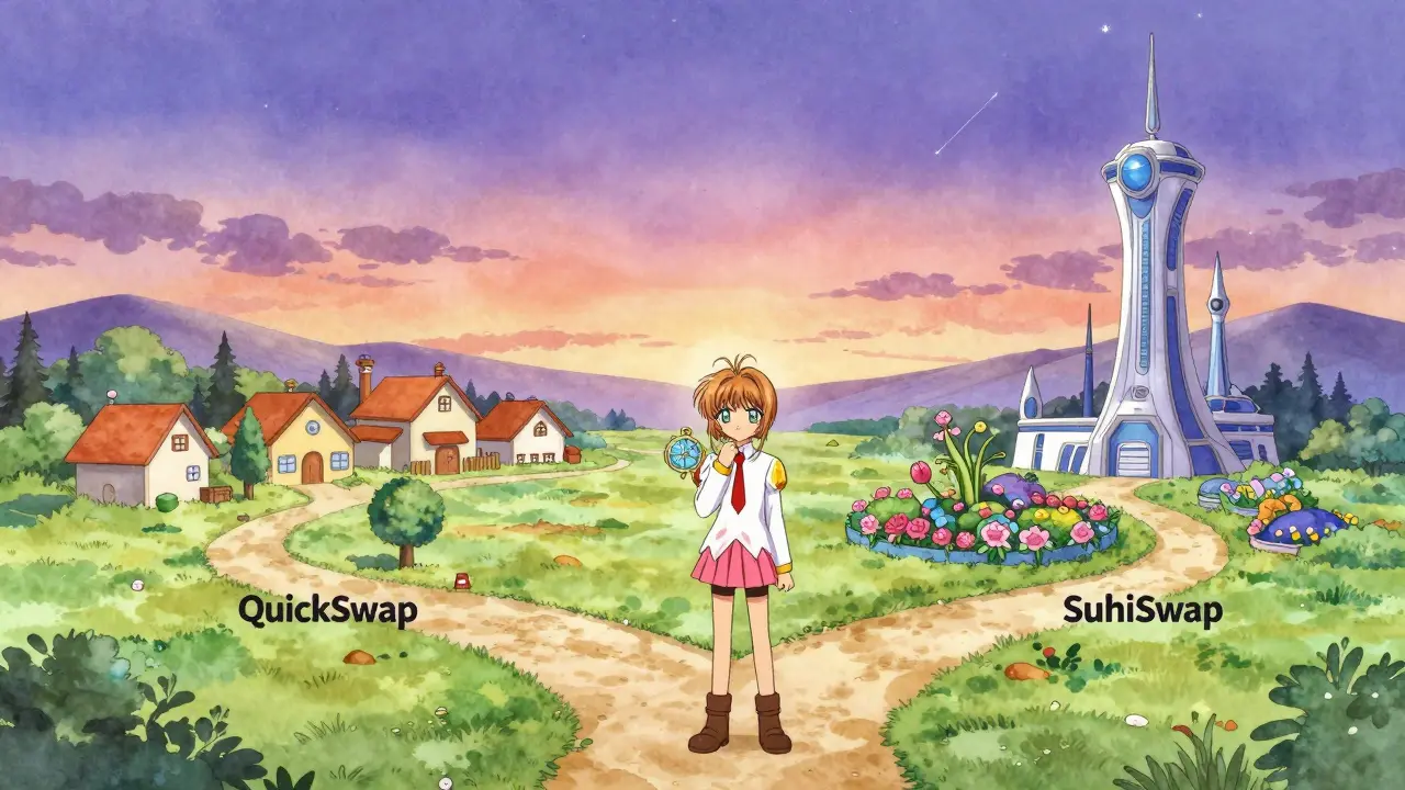 Character at a crossroads choosing between three fantasy paths.