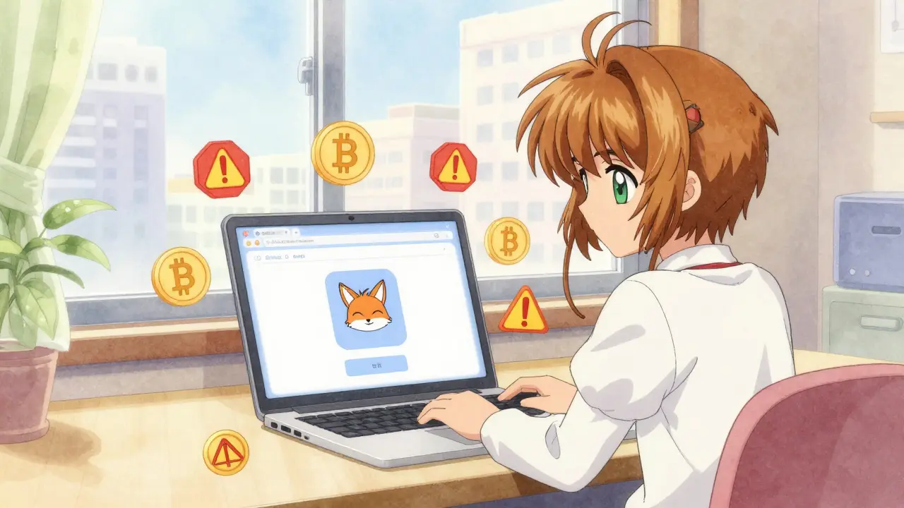 Character checking wallet settings with warning icons in anime style
