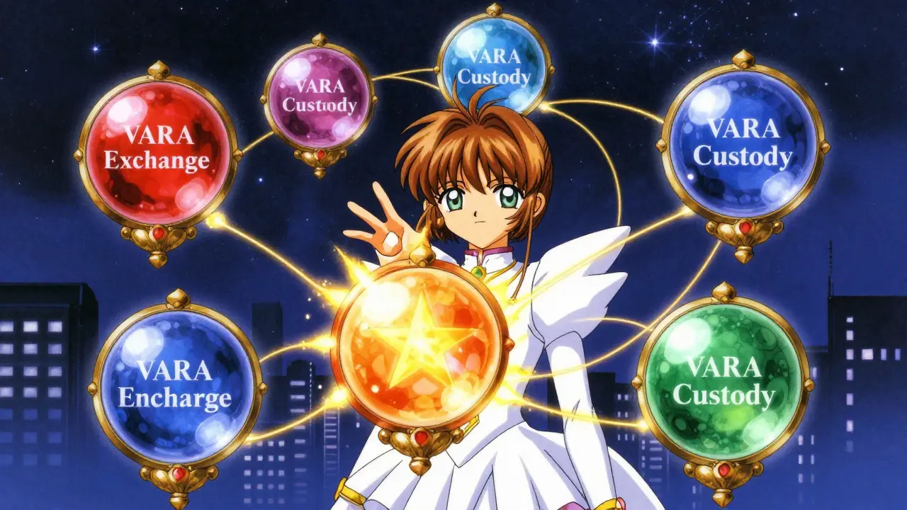 Character choosing from glowing crystal orbs representing crypto licenses