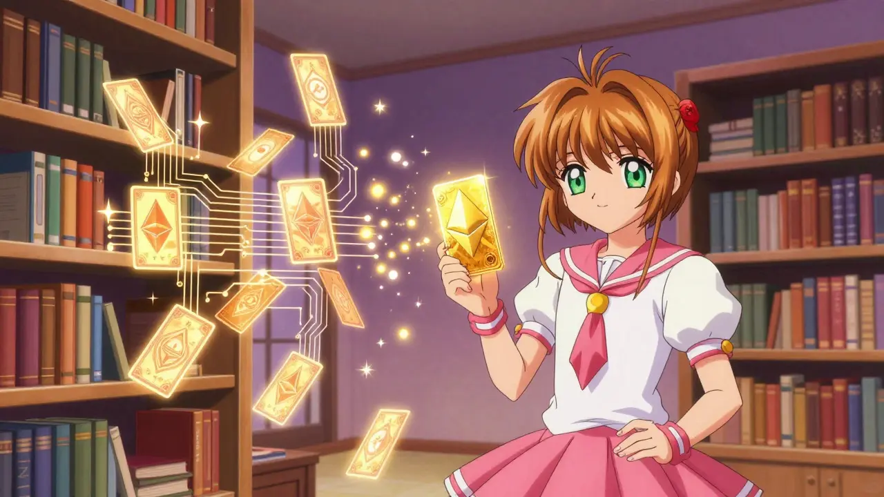 Character holding unified token card in magical library