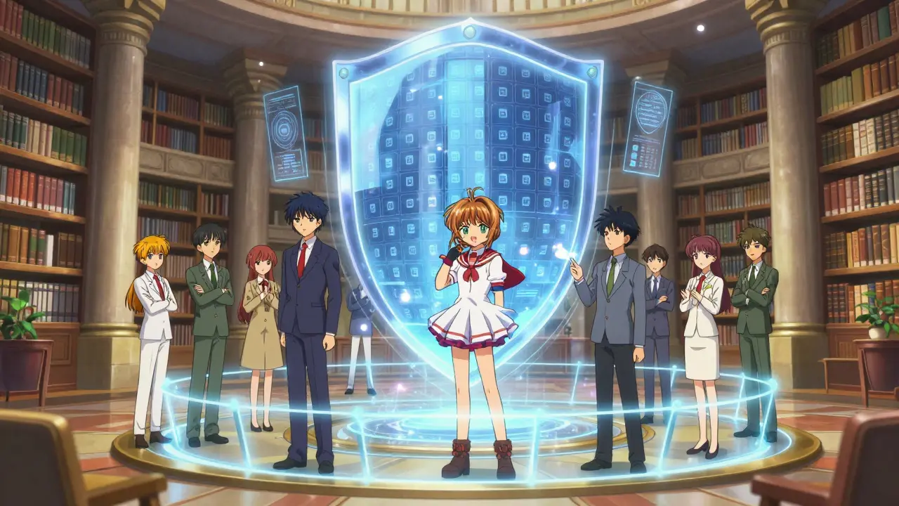 Characters collaborating around a secure digital network