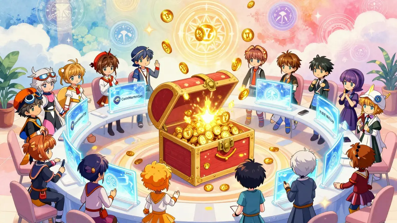 Chibi characters celebrating with glowing tokens in a magical lobby