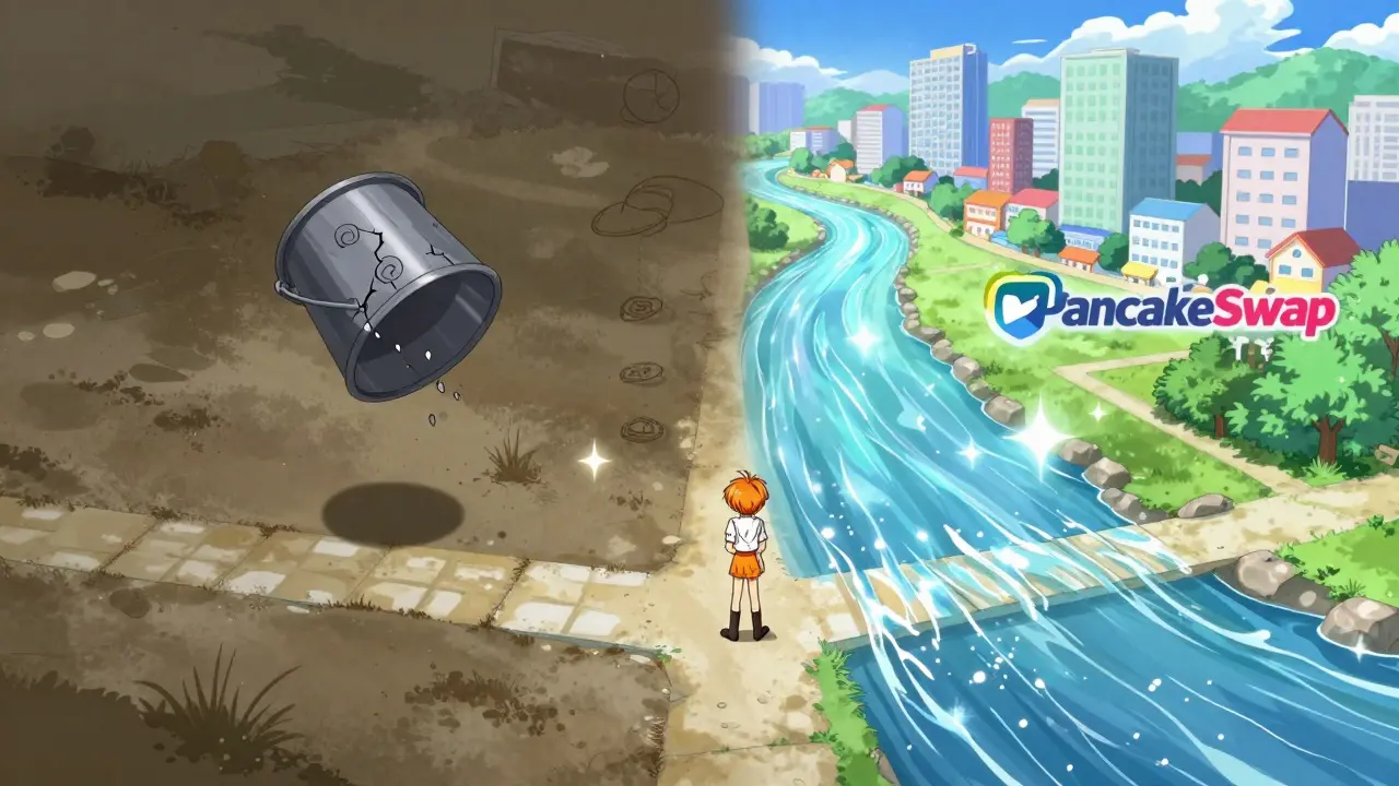 Crossroads between dry well and flowing river representing liquidity choices