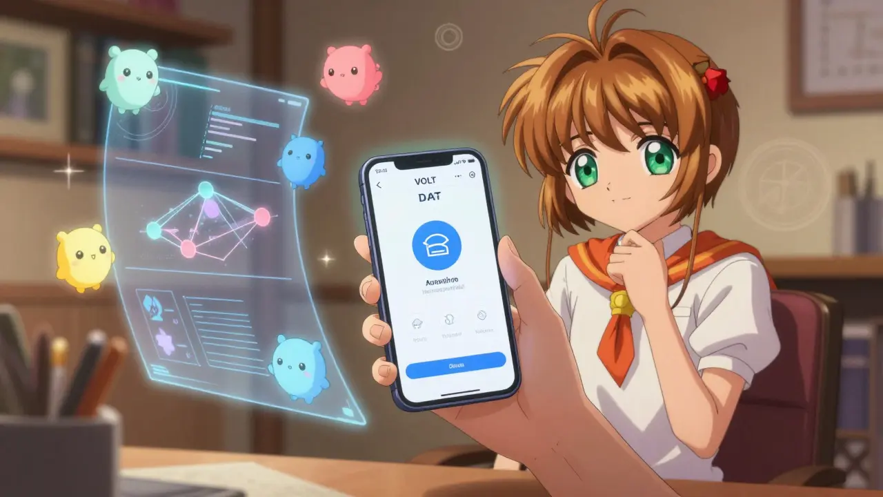 Cute anime character using a mobile app for safe DeFi governance and trading
