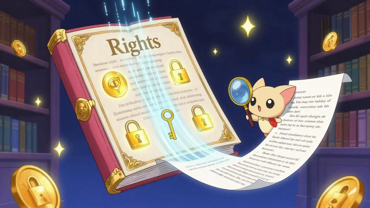 Cute mascot inspecting a magical smart contract scroll in a library of light