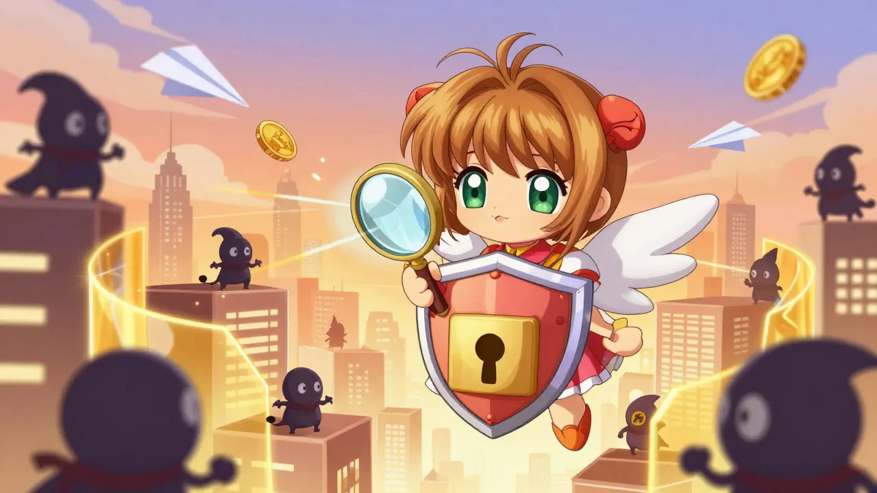 Cute mascot protecting DeFi assets from hacker monsters in anime art