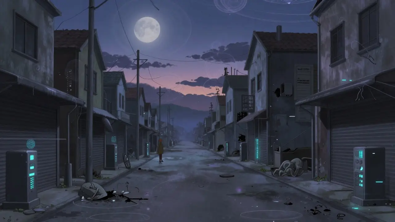 Empty, eerie digital town representing low traffic and inactivity in anime style