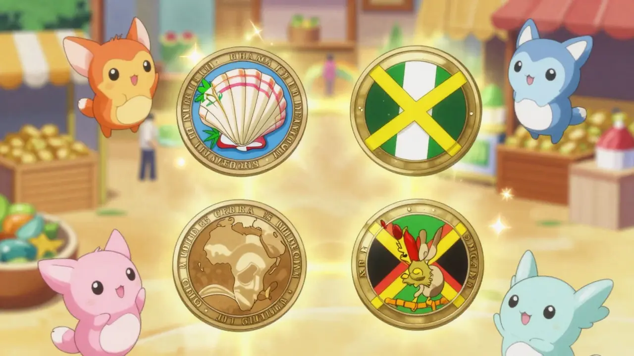 Four distinct magical coins representing pioneer countries floating with spirits