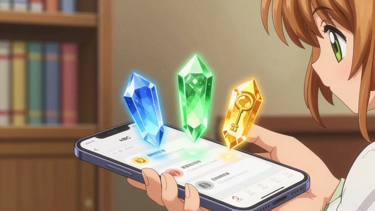 Glowing gem tokens unlocking digital services like subscriptions and staking in an anime setting.