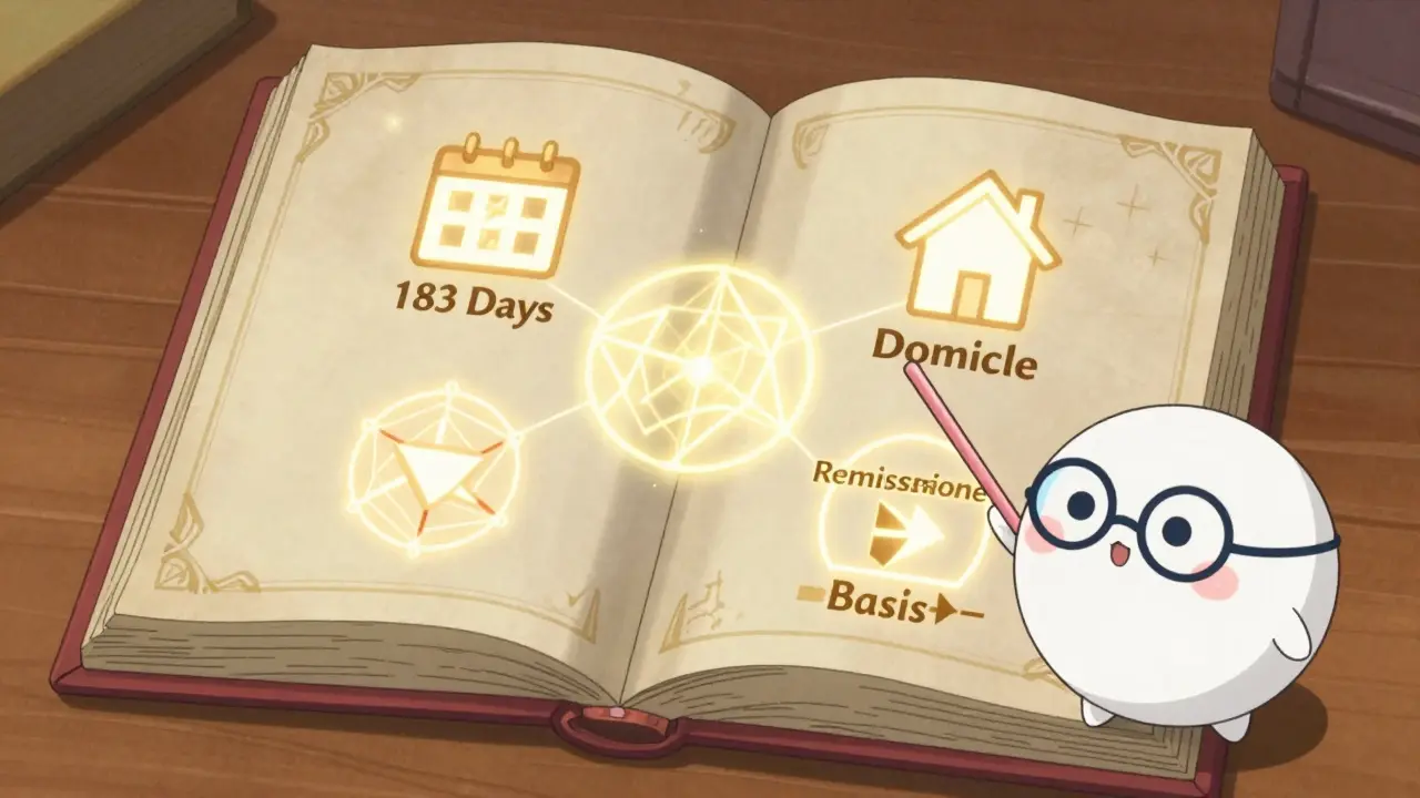 Magical book showing 183-day rule and domicile icons in Cardcaptor style