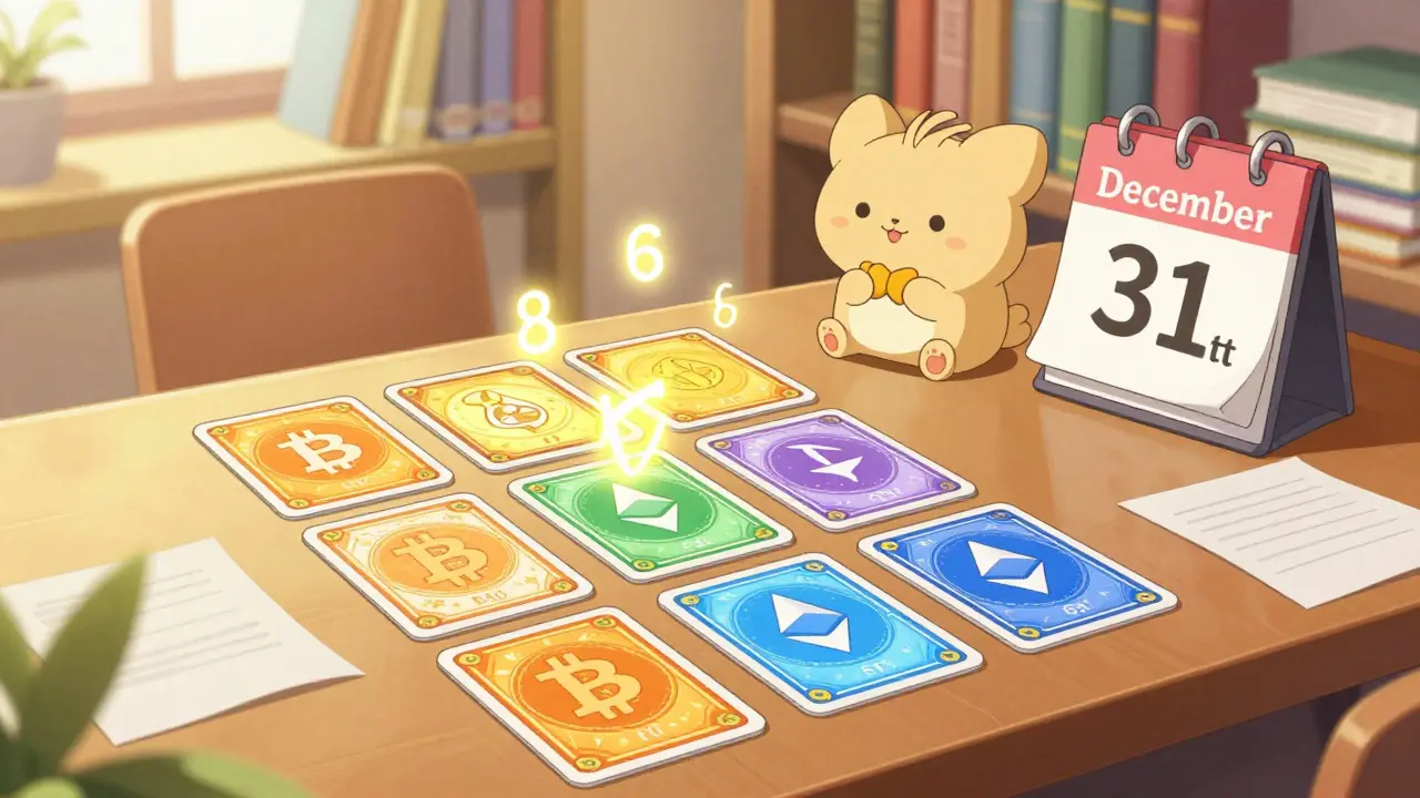 Magical cards representing crypto assets on a desk with December 31 calendar