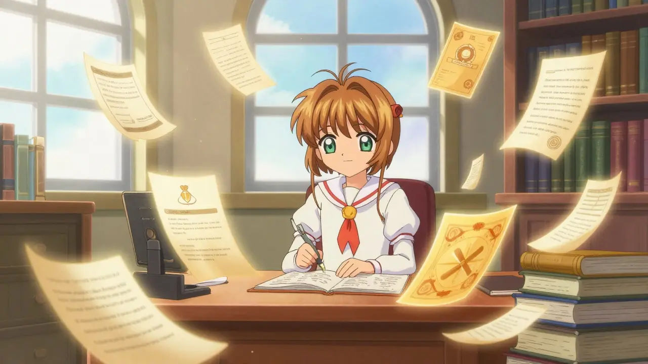 Magical library scene with floating books representing DeFi tools.