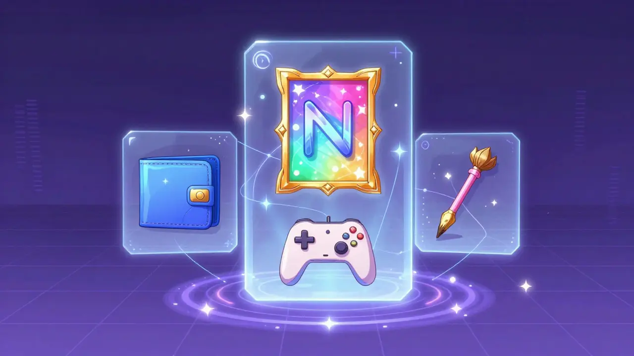 Magical portal showing wallet, NFT, game, and tool icons in purple and blue