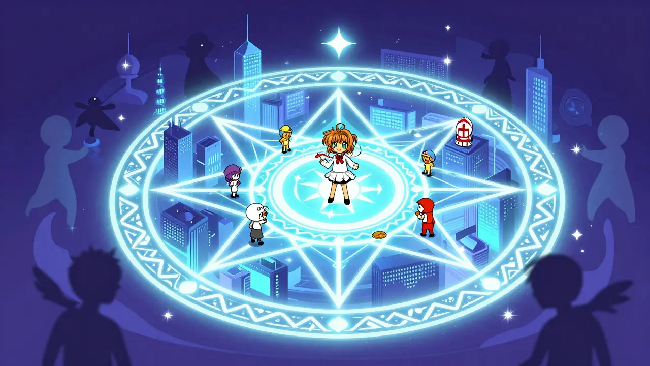 Magical seal protecting a digital city from shadows in anime style