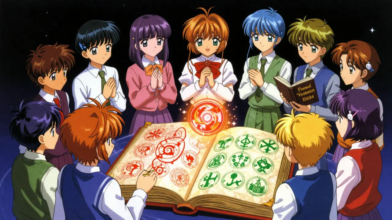 Magical team performing manual code review with glowing spells in manga style