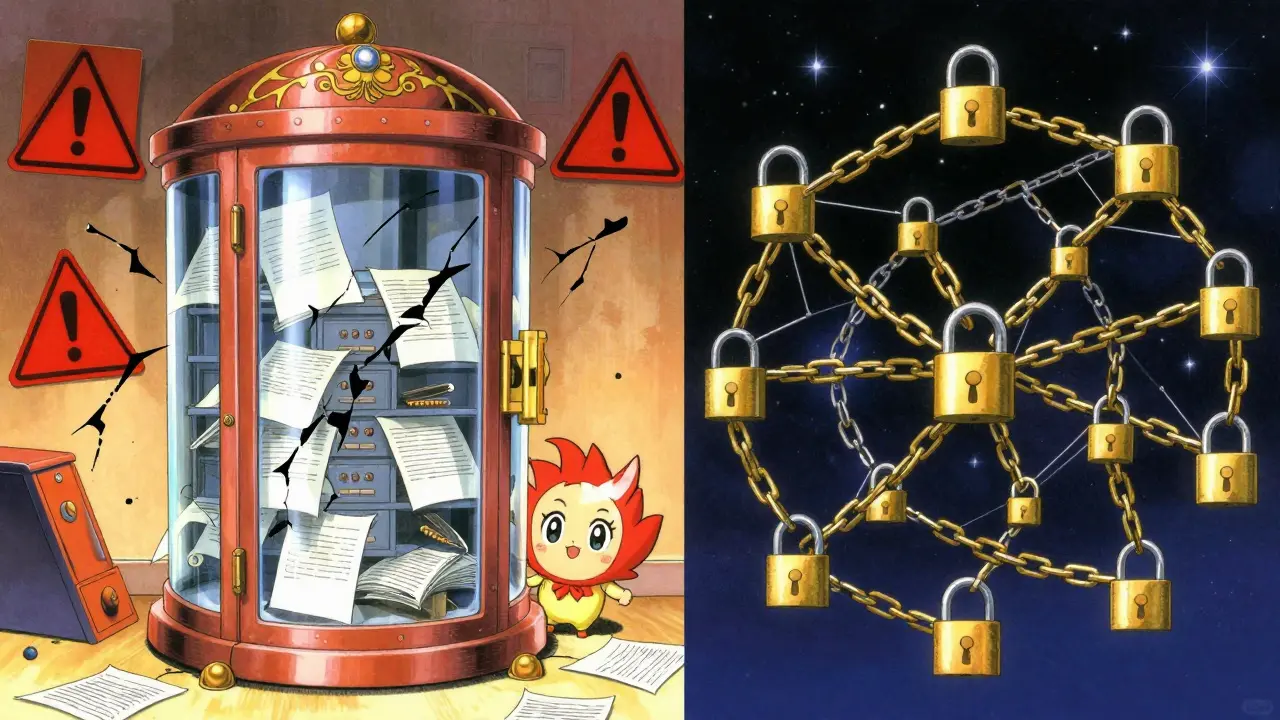 Manga style comparison of a cracking central vault versus a secure golden chain network