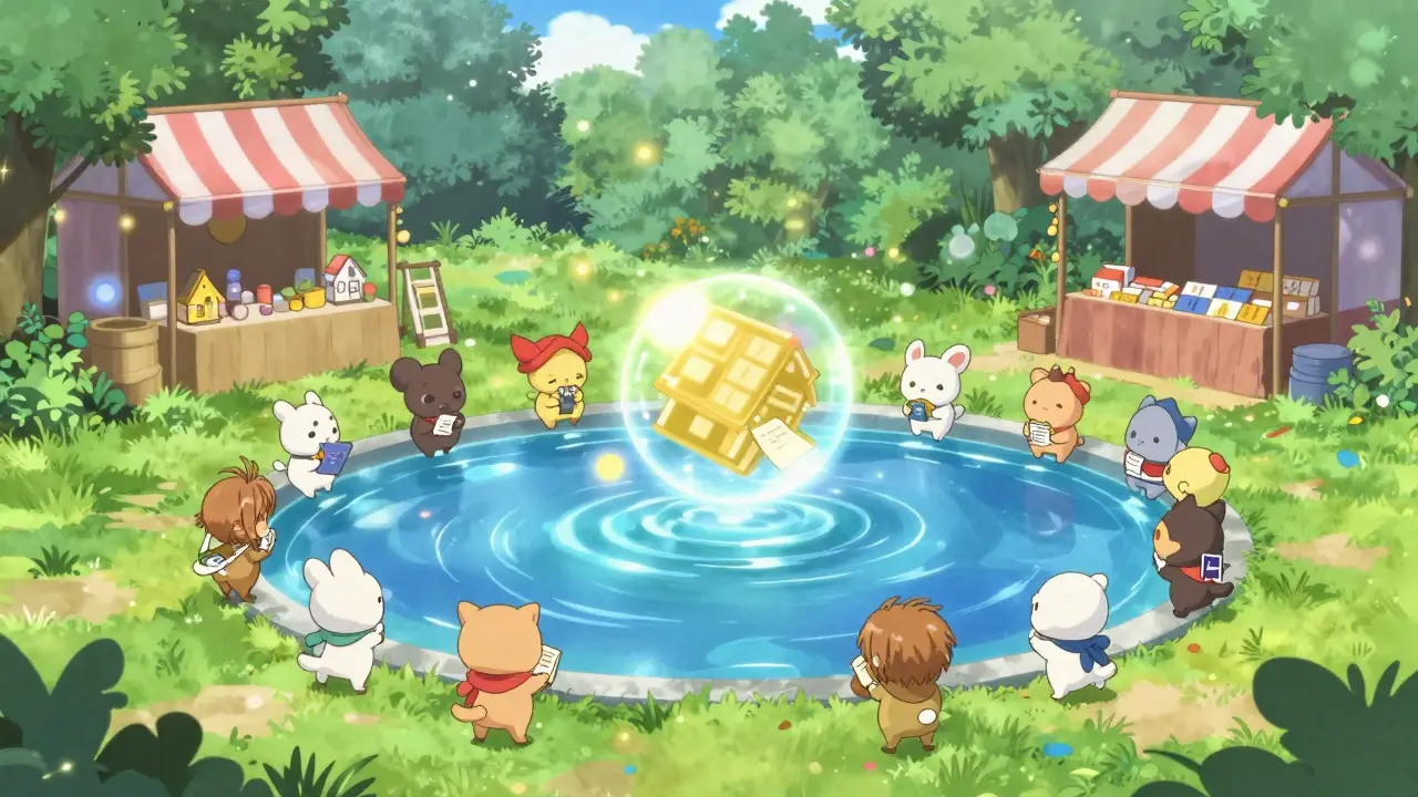 Mystical marketplace with floating asset orbs and spirits