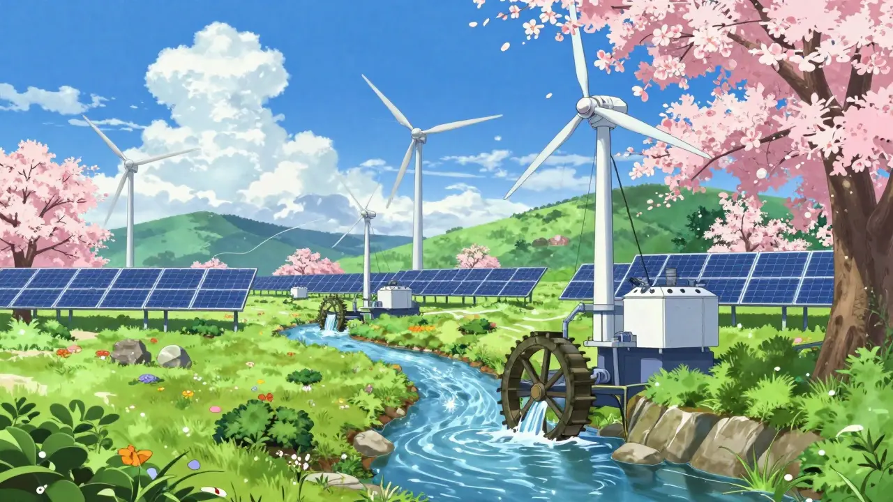 Serene green mining farm with wind turbines and cherry blossoms