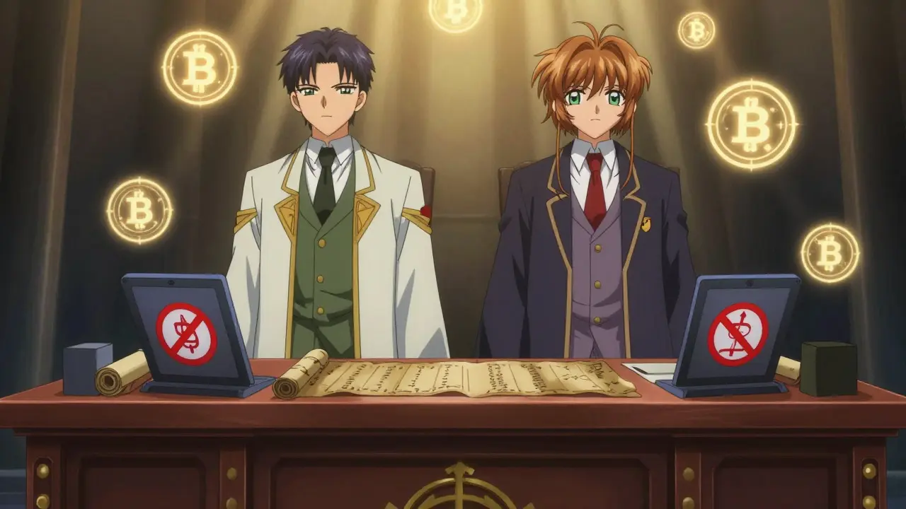 Stylized officials enforcing crypto ban with magical seals