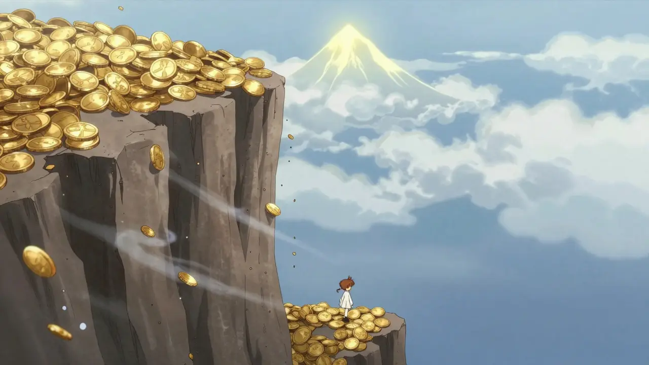 Tiny figure at base of crumbling coin cliff symbolizing price drop in anime style