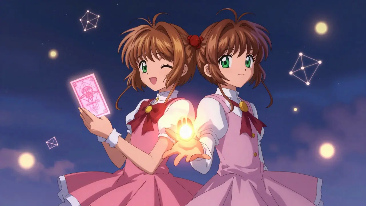 Two anime characters exchanging a glowing referral card under a starry sky
