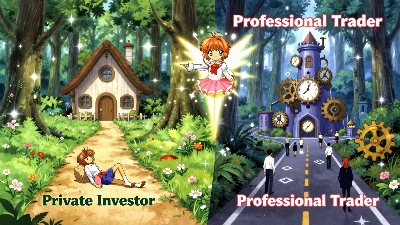 Two paths in anime forest showing private investor vs professional trader