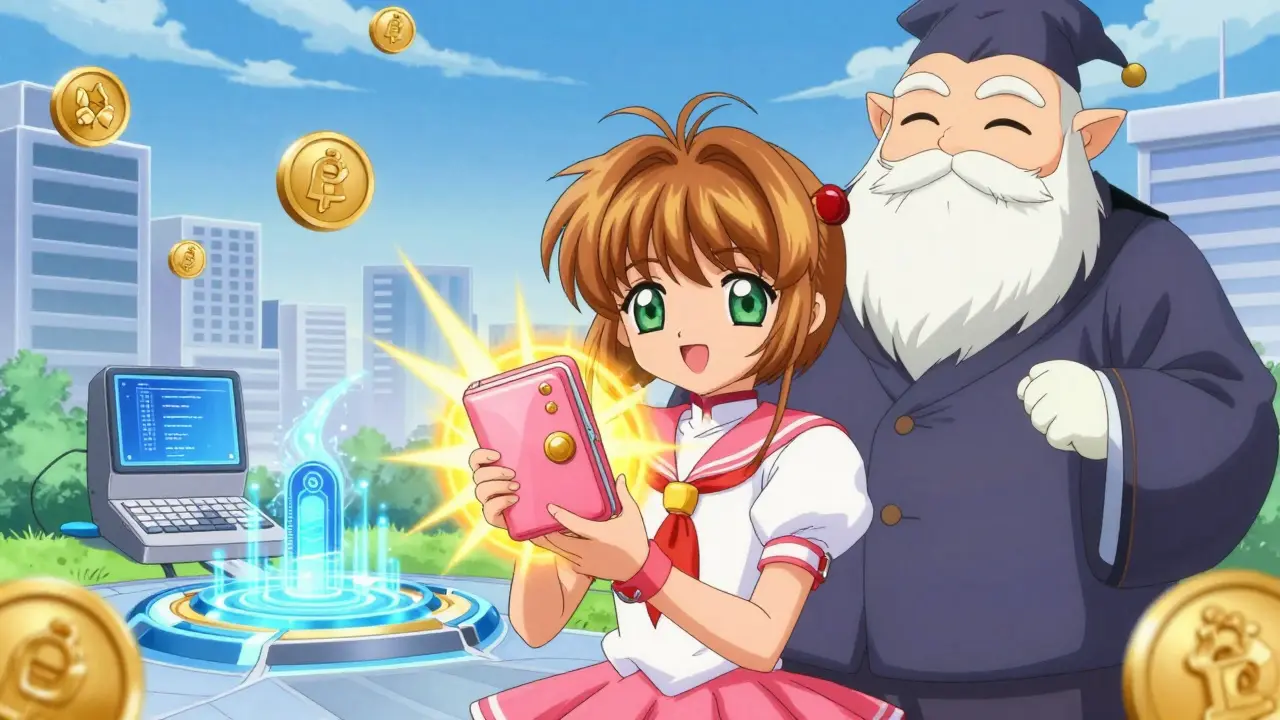 User holding glowing hardware wallet protected by regulatory spirit in anime style