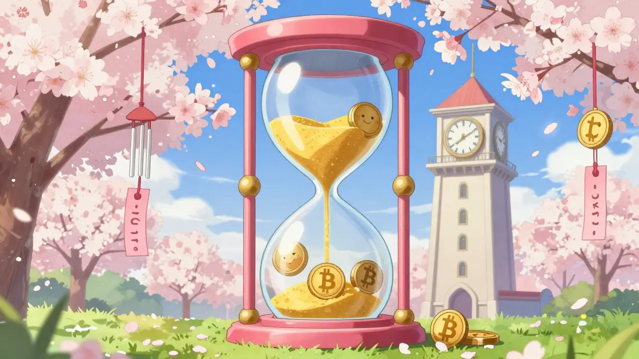 Whimsical hourglass with golden sand turning into crypto coins in a garden