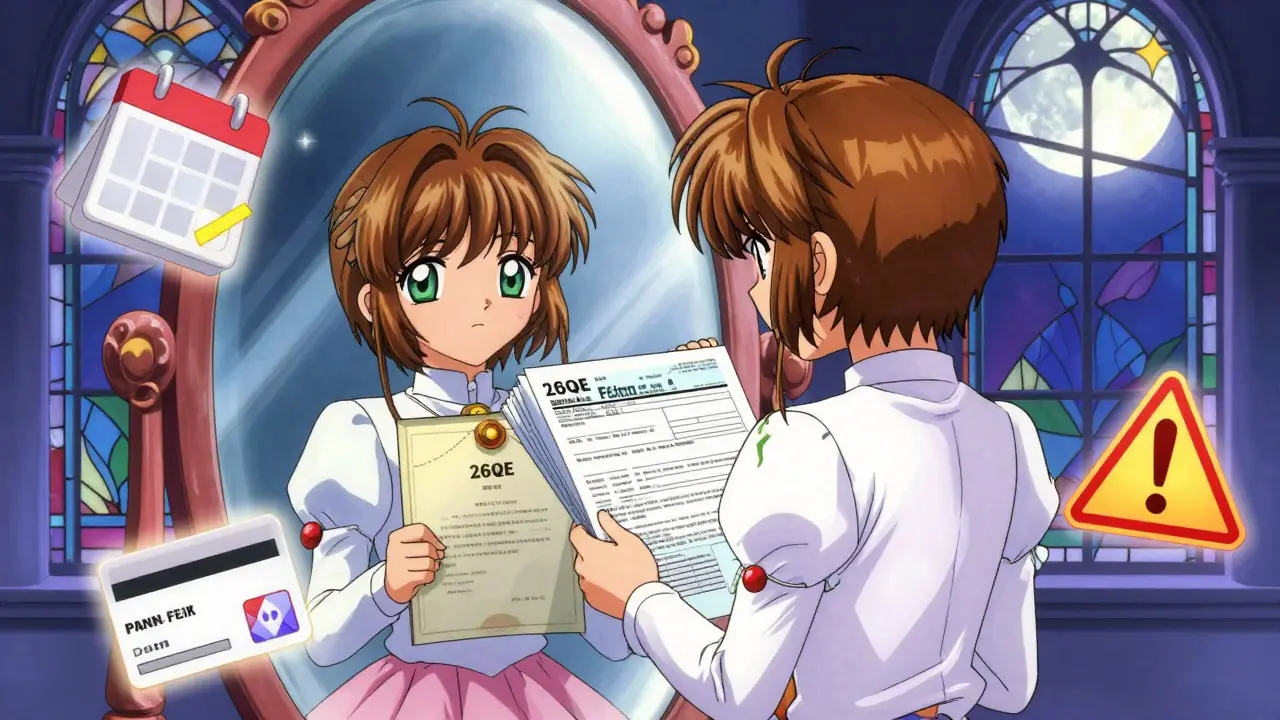 Anime character checking tax compliance forms in a magical mirror reflection.