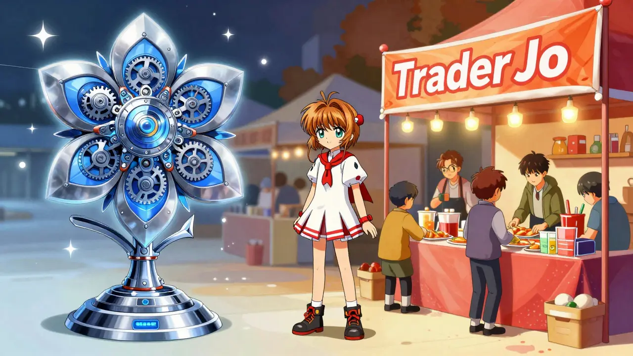 Anime character comparing a complex mechanical flower to a busy market stall.