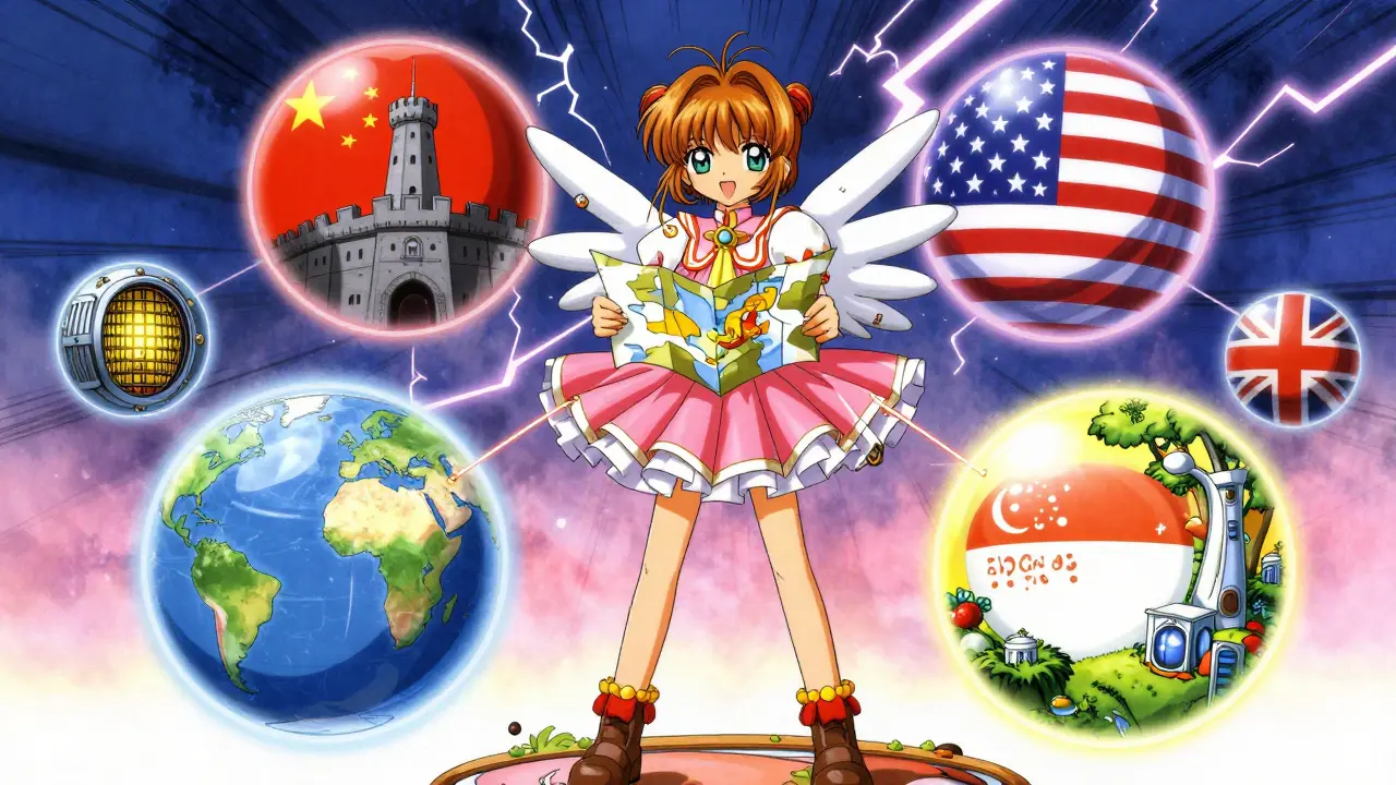 Anime character comparing global crypto hubs via magic orbs
