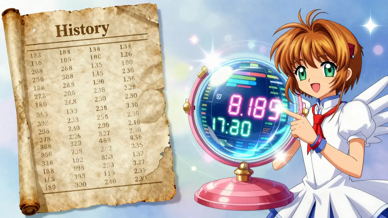 Anime character comparing old history scrolls with a glowing real-time fee mirror