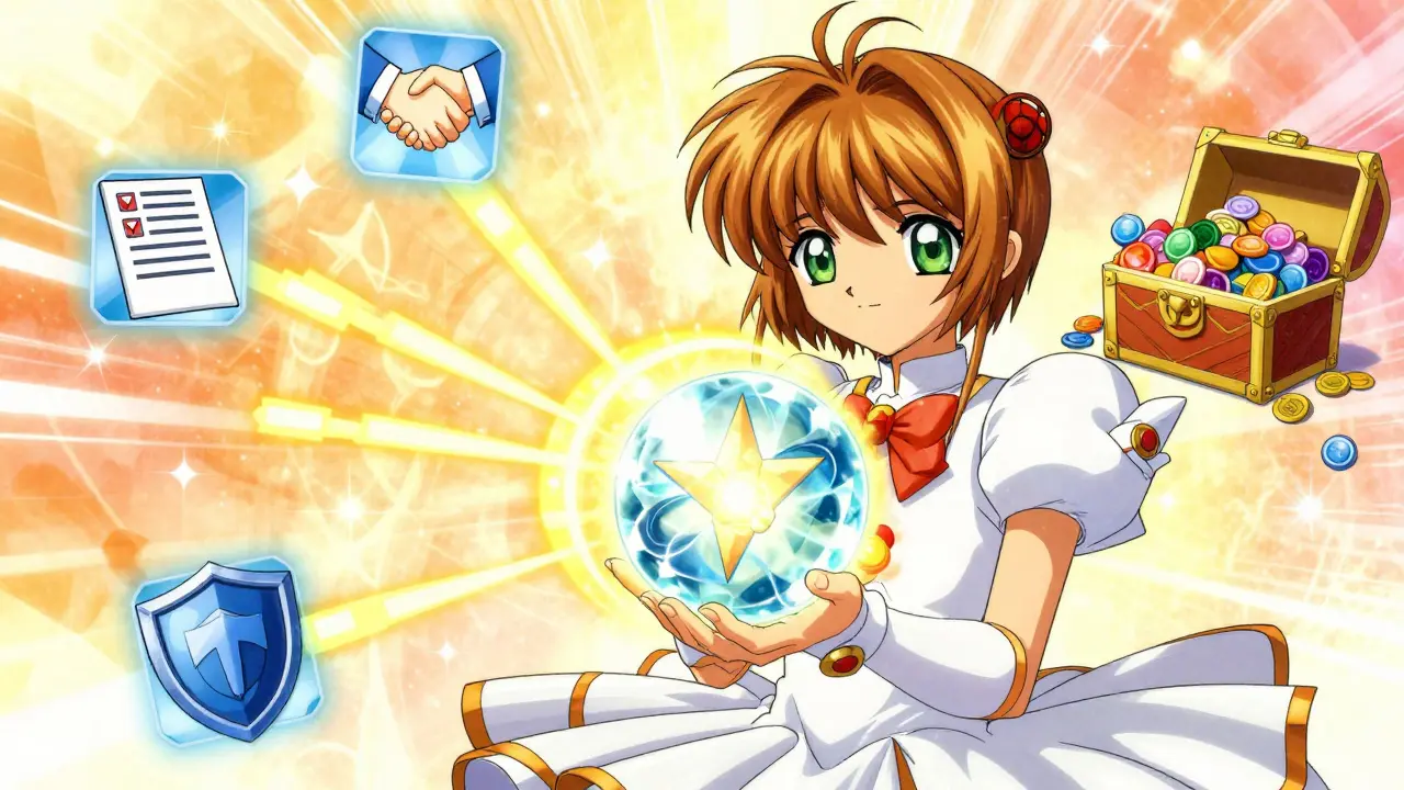 Anime character holding a glowing orb showing ScaleSCORE metrics and reward tokens