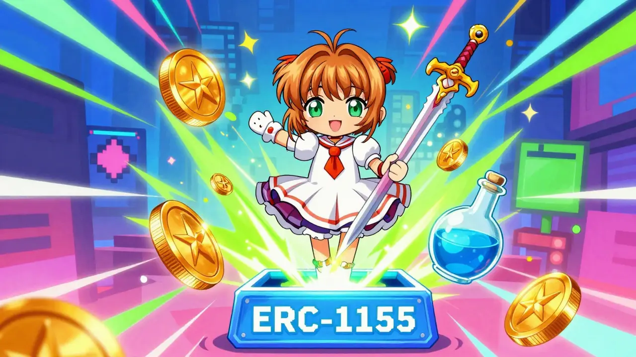Anime character juggling coins, swords, and potions in a unified gaming container
