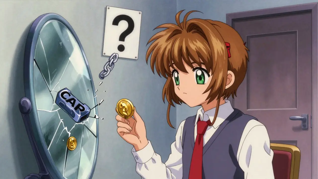 Anime character looking at shattered mirror with crypto warning symbols