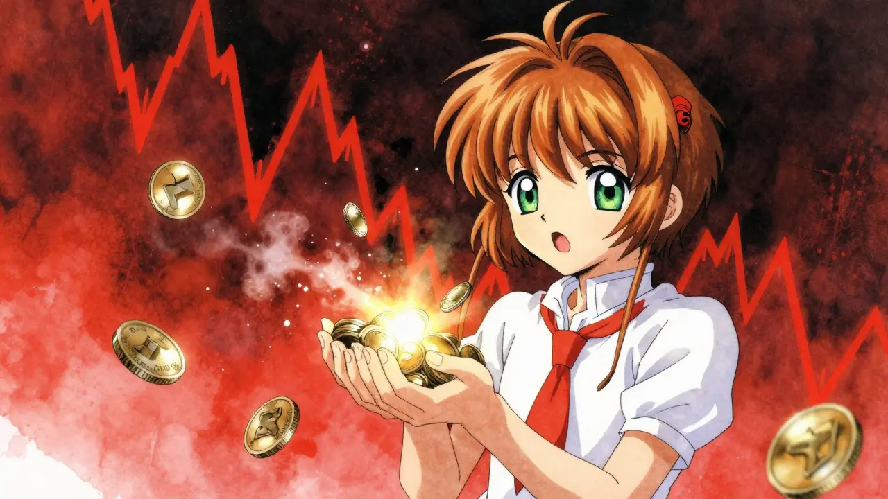 Anime character losing dissolving coins amidst chaos