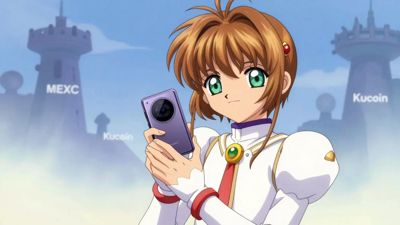 Anime character protecting hardware wallet like a magic item
