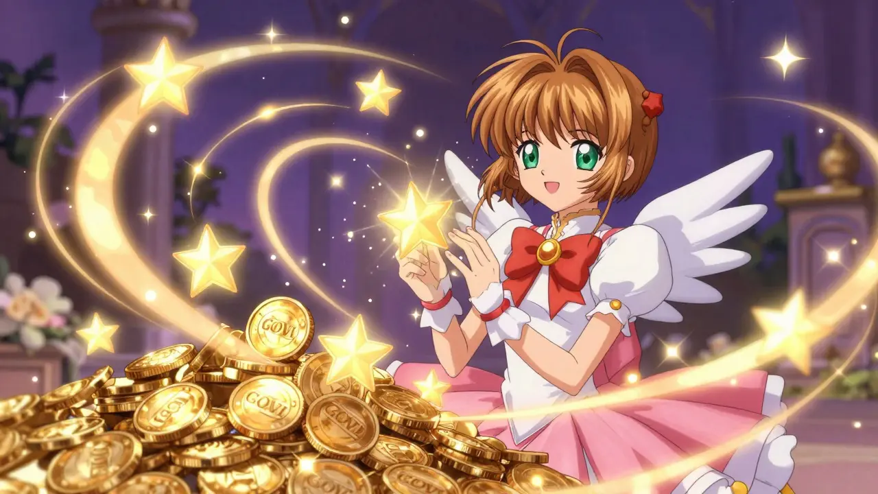 Anime character watching staking rewards compound magically