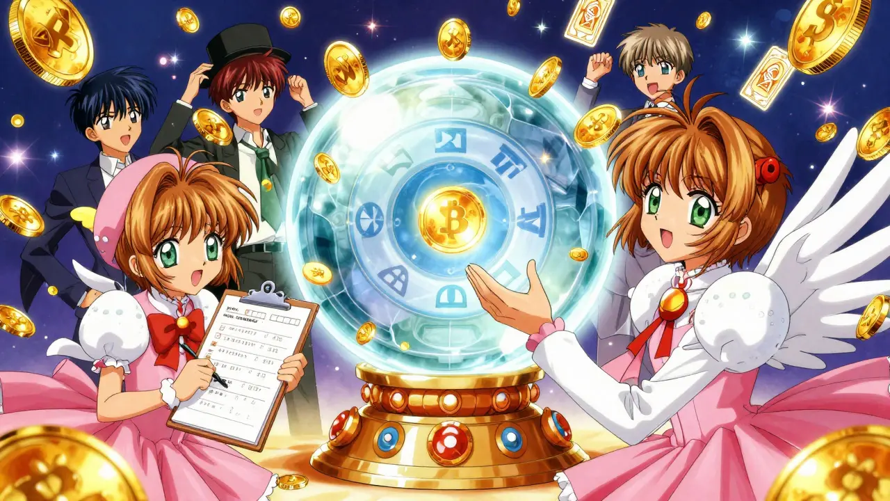 Anime characters collecting glowing crypto tokens in a magical quest